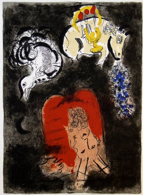Dit schilderij heet “Mozes en de platen van de wet” en is in 1966 geschilderd door Marc Chagall. Chagall schildert Mozes op het moment dat hij de platen met de Tien Woorden kapot wil smijten. Zijn verbijsterde gezicht weerspiegelt zich in de platen. Rechts zie je het gouden kalf. Verder is er nog een duif en een kandelaar te zien.  