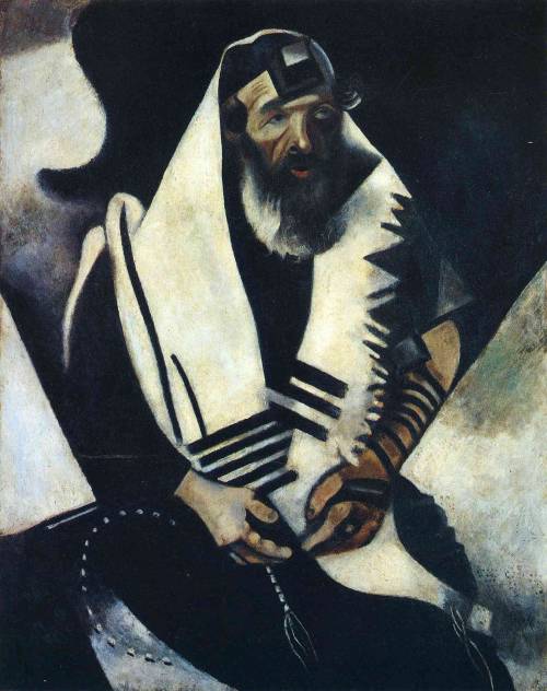 Dit olieverfschilderij heeft Marc Chagall in 1914 gemaakt en heet ‘De biddende jood (Rabbi van Vitebsk)’ 
