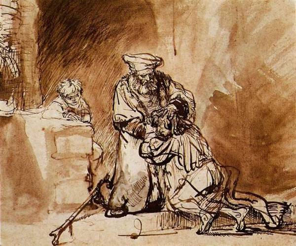Deze tekening heeft Rembrandt van Rijn in 1642 gemaakt en heet ‘de terugkeer van de verloren zoon’.  
