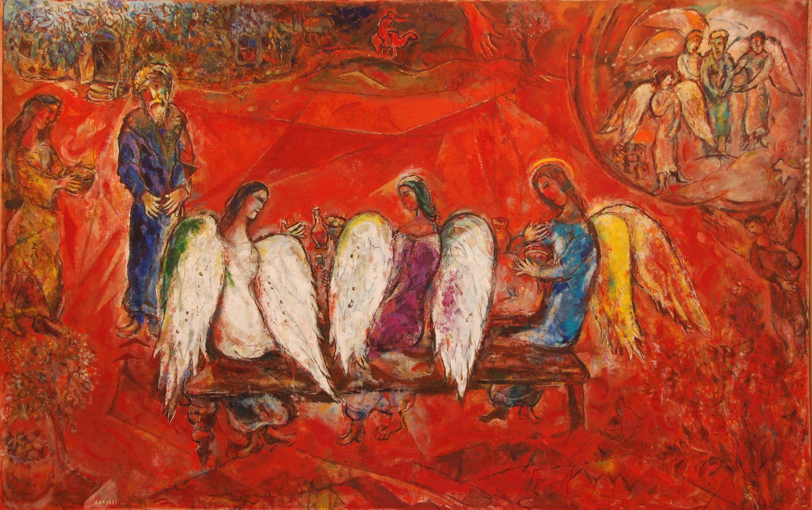 Dit olieverfschilderij heet ‘Abraham en de drie engelen’. Marc Chagall schilderde het in 1960-1966 